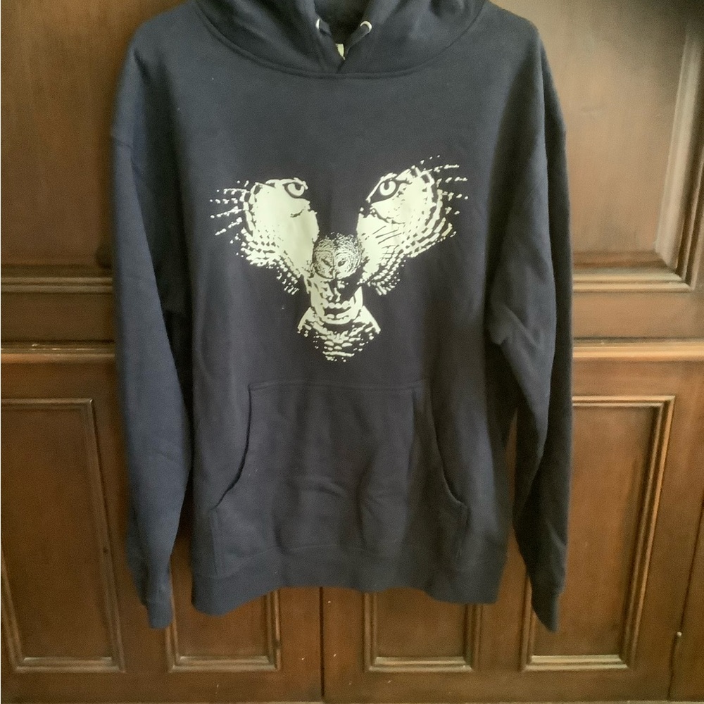 Men's Black Size Large Hoodie with White Owl Graphic, NWOT